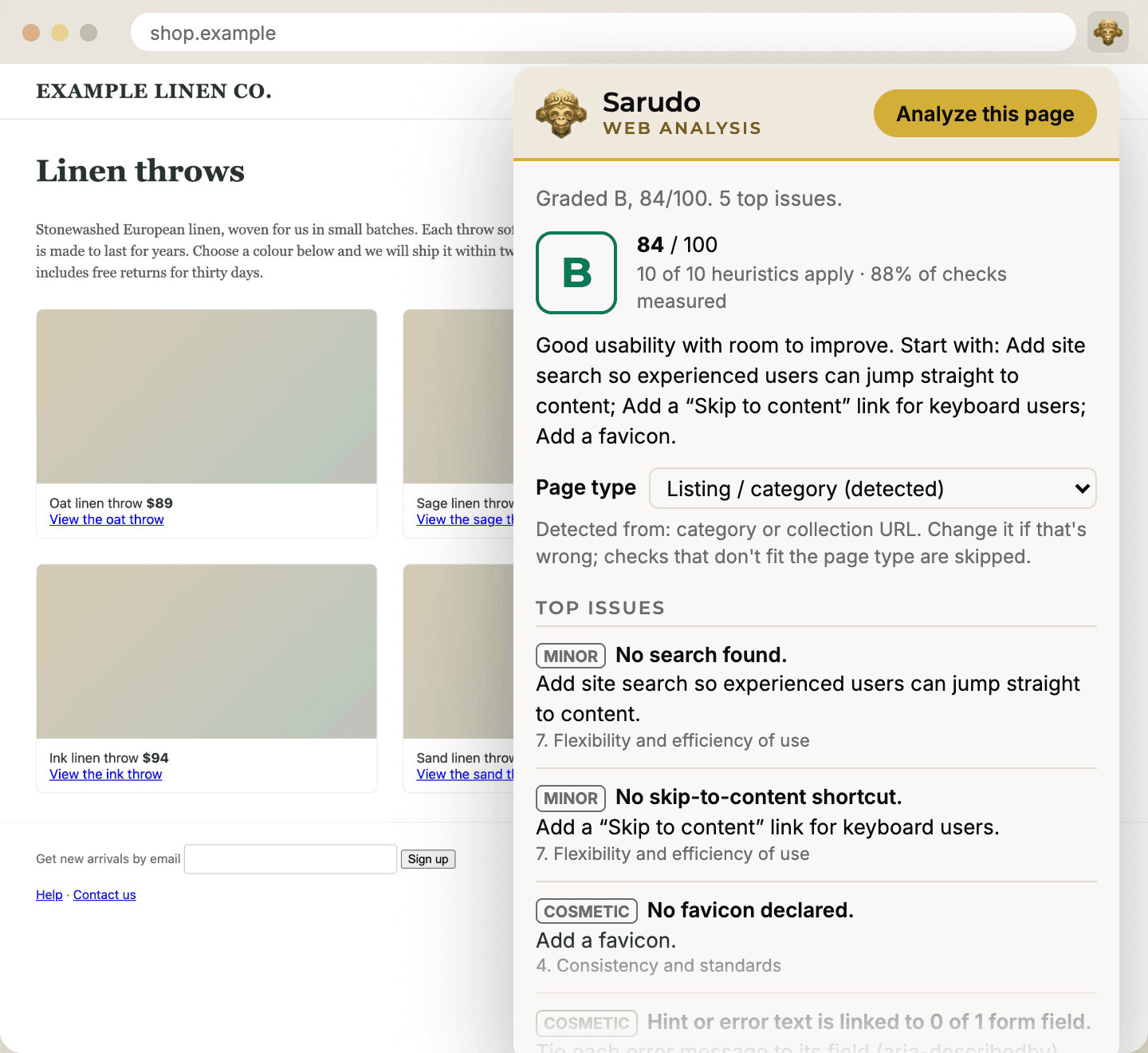 Sarudo Web Analysis open on an example shop page: grade B, 84 out of 100, with its top issues and how to fix them.